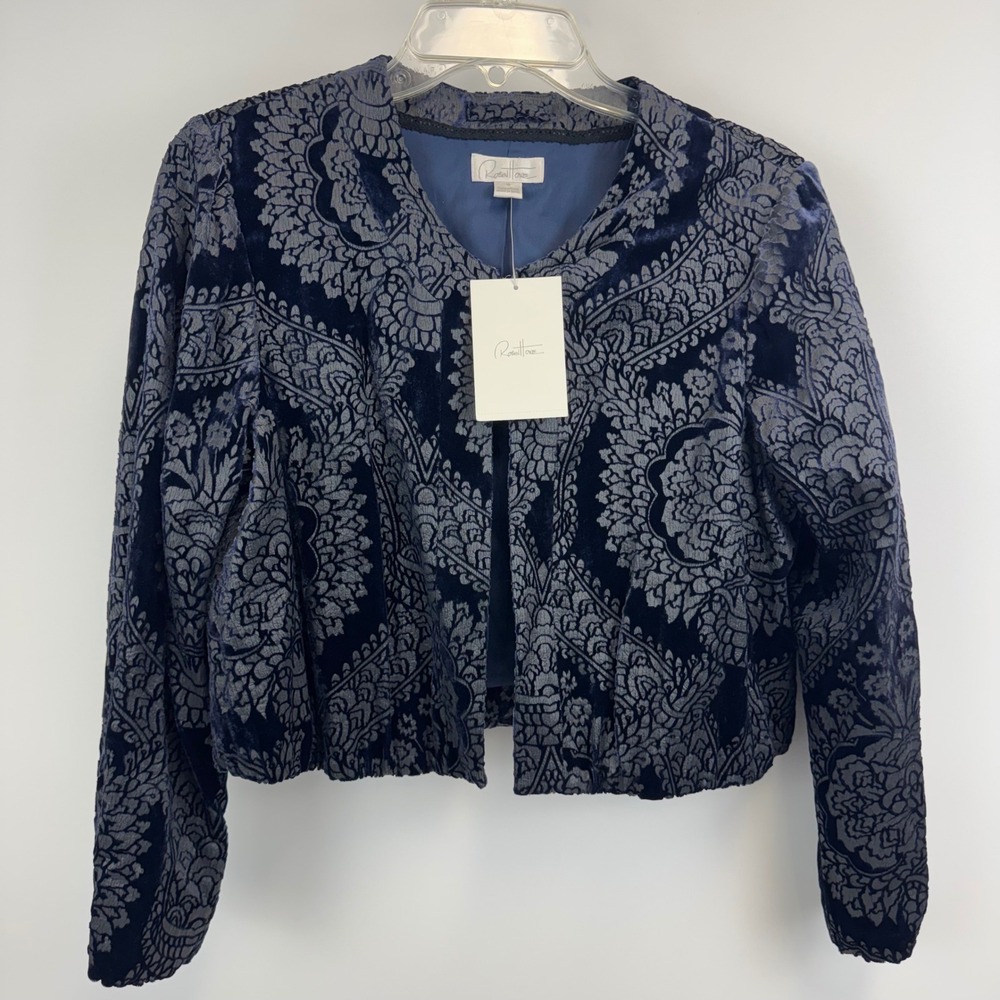 Robin Howe Navy Blue Silk‎ Blend Velvet Burnout Damask Cropped Blazer 10 NWT